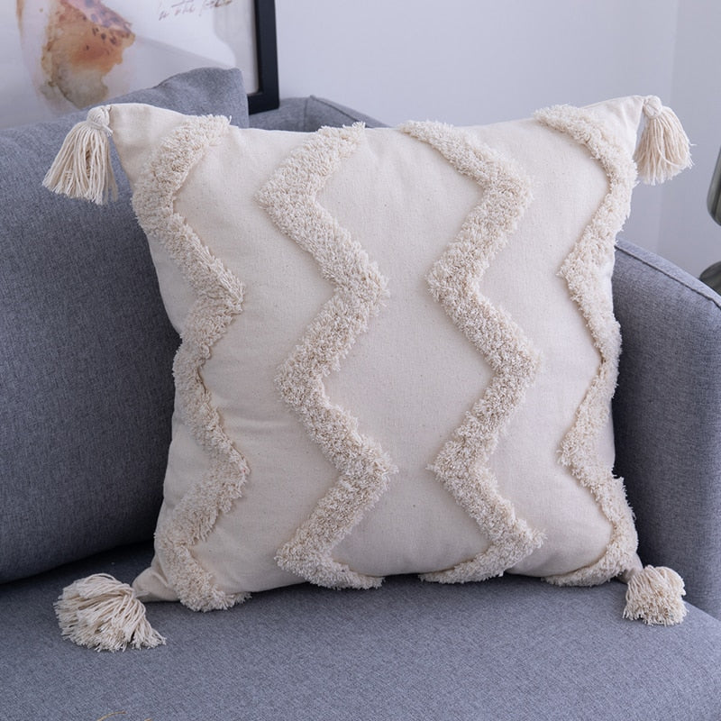 Quasten-Kissenbezug, 45 x 45 cm/30 x 50 cm, beige Kissenbezug, handgefertigt, quadratisch, Heimdekoration für Wohnzimmer, Schlafzimmer, Reißverschluss zu öffnen